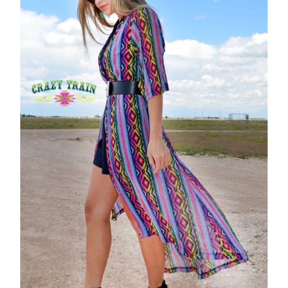 Crazy Train Stretchy Mesh Multi Aztec Print Long Short Sleeve Duster Shawl